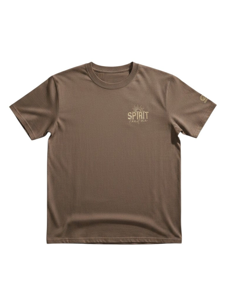 Brown t-shirt with a logo on a white background