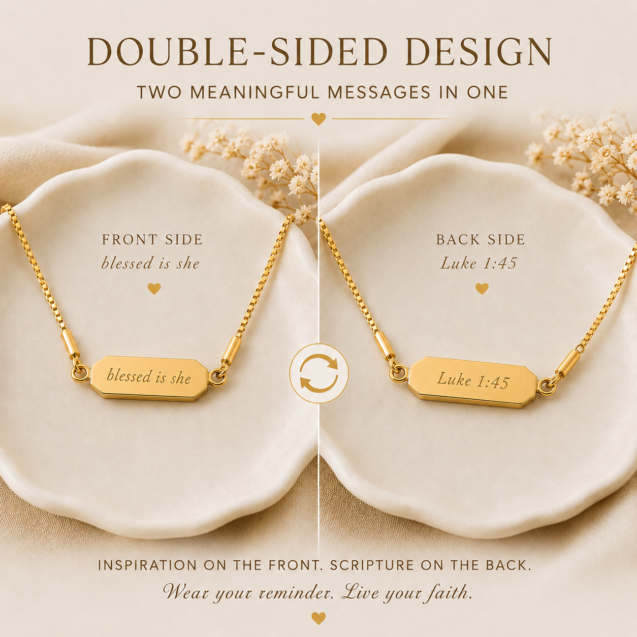 Gold necklace with 'blessed is she' on one side and 'Luke 1:45' on the other, displayed on a ceramic plate.