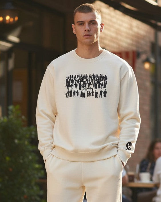 Man wearing a cream-colored sweatshirt and pants standing on a street with people sitting at tables in the background.