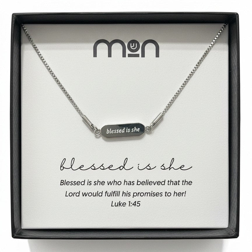 Necklace with 'blessed is she' pendant in a branded box