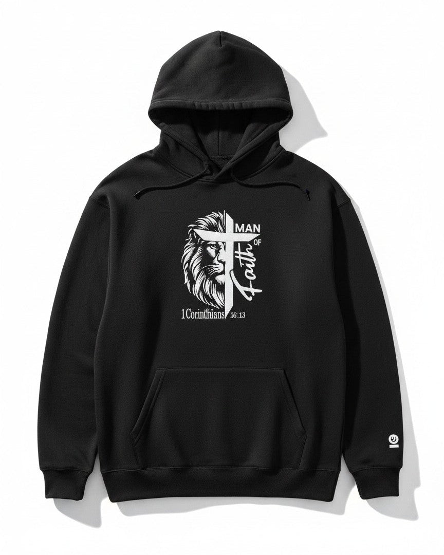 Black hoodie with a white graphic design flat lay