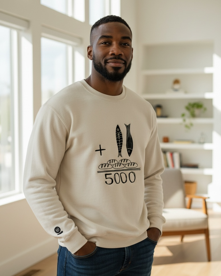 Man wearing a beige sweatshirt with a graphic design in a bright room.