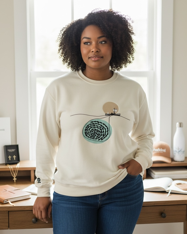 Woman wearing a cream sweatshirt with a design, standing in a home office.
