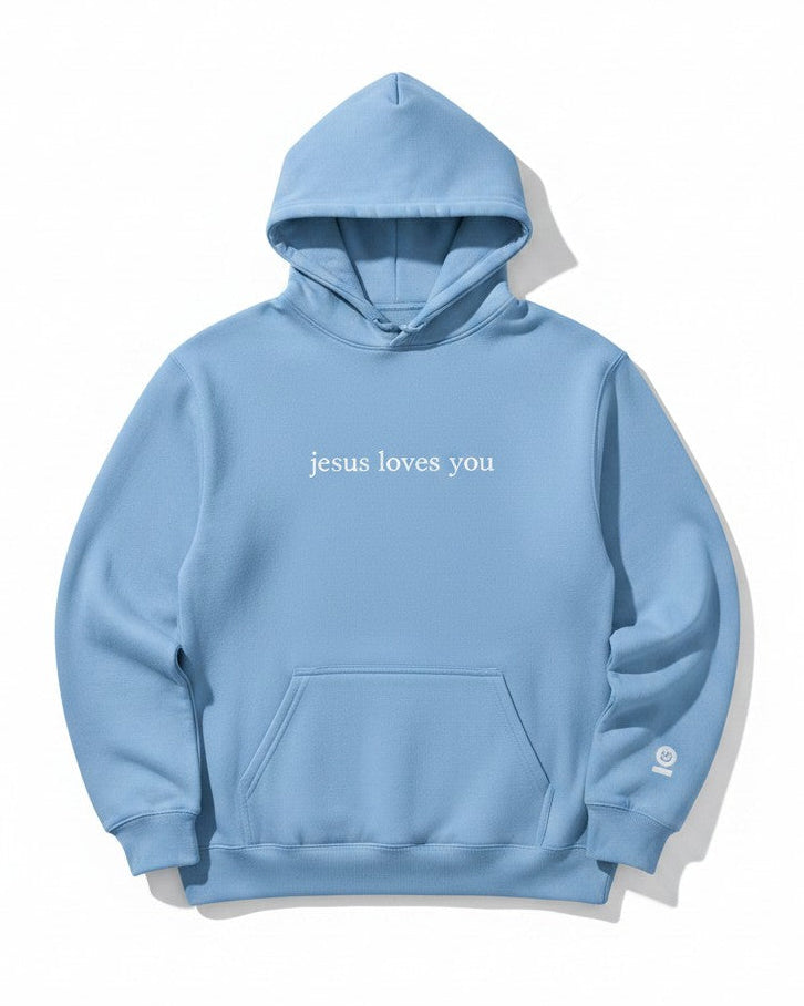 Light blue hoodie with 'jesus loves you' text on a white background