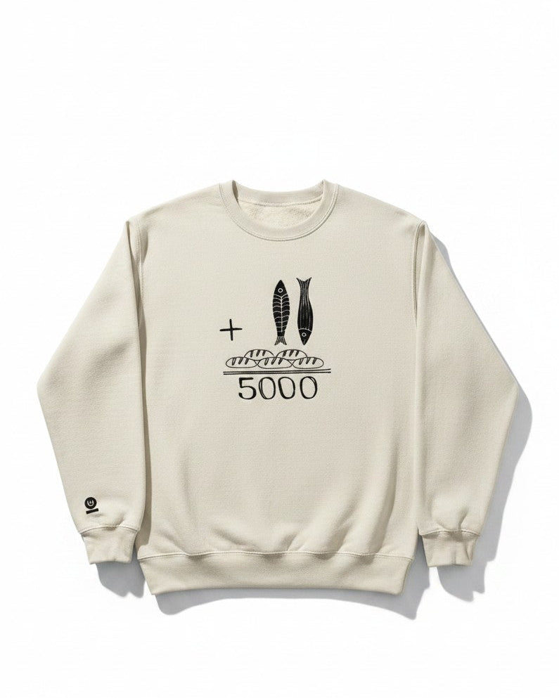 Beige sweatshirt with black graphic design on a white background